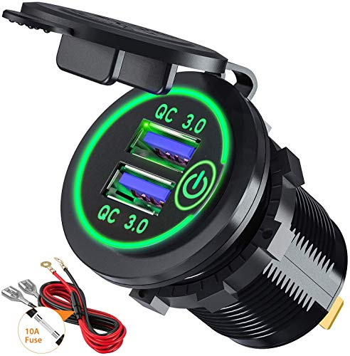 QC 3.0 USB Auto Steckdose KFZ Ladegerät 12 V/24 V 36 W mit Touch Schalter Zwei Quick Charge 3.0 Ladeports Schnellladung für Fahrzeuge KFZ Boot Motorrad LKW Wohnwagen Marine (Grün)