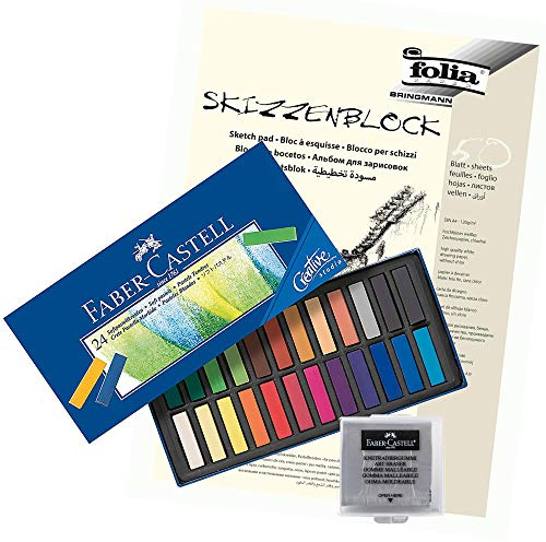 Faber-Castell Creative Studio - Set di 24 gessetti in pastello, con blocco e gomma