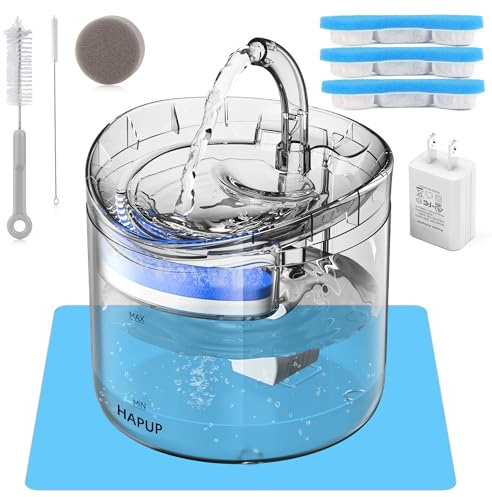 HAPUP Fontanella per Gatti Fontana per Gatti Dispenser Acqua 1,8 L con 2 Tipi di Modalità 3 Filtri Riutilizzabili 1 Pompa USB 1 Stuoia in Silicone 1 Adattatore UE e 1 Kit di Pulizia