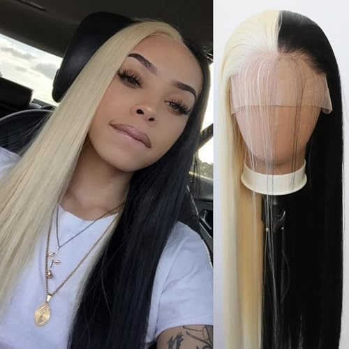 Towarm Parrucca sintetica 613, metà nera e bionda, attaccatura dei capelli naturale pre-pizzicata con capelli da bambino, per cosplay, uso quotidiano