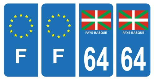 HADEXIA Set mit 4 Nummernschild-Aufklebern für Auto, 64 Baskenland & F Frankreich, Europa