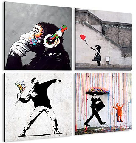 Giallobus - 4 Quadrate mit Mehreren Feldern - Banksy - Banksys schönste Werke - Sammlung 5 - MDF-Holz - 29,7x29,7 - x 4 Stück