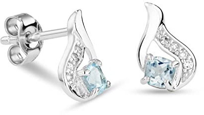 Miore orecchini con diamanti e topazi in oro bianco 9 carati 375 con 8 diamanti taglio brillante 0,04 carati e topazi blu 0,32 carati, perni 9,5 x 6 mm