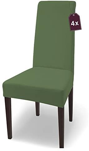 Scheffler Home Stuhlhussen Olivgrün 4er Set Natalie – Elastische Jersey Baumwolle Stuhlbezüge für Schwingstühle – Waschbar, formstabil, Oeko-TEX® Zertifiziert