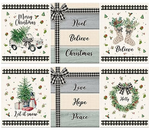 6 Pieces Christmas Swedish Kitchen Table Dishcloths Reusable Christmas Dish Towels Absorbent Cleaning Cloth Fast Dry Kitchen Dishcloth with Santa, Snowman, Christmas Tree, Deer (Black White, Tree)