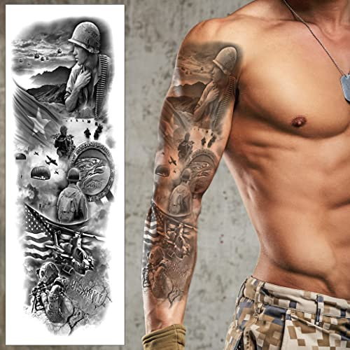 US Army Soldier Temporary Tattoo Sleeve - Gun Plane Helicopter Medal Flags Black Grey Realistic Waterproof Transfer Sticker Arm Body Art Men Women Kids 17cm x 48cm - By Delusion Tattoos