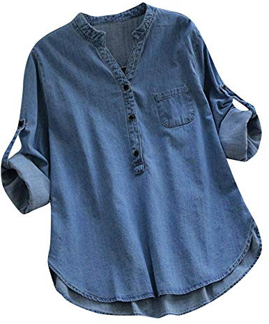 IQYU Chemise en jean pour femme - Manches longues cintrées - Grandes tailles - Élégant - Vintage - Chemisier long décontracté - Avec boutonnière - Vintage, bleu clair, XL