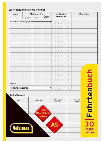 Idena 10845 - Fahrtenbuch, DIN A5, für ca. 540 Fahrten, 30 Doppelseiten, vom Finanzamt anerkannt