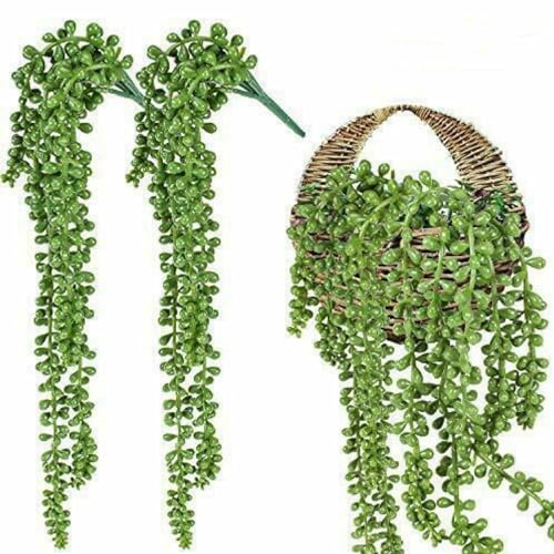 Mgoodoo 2pcs Fake Hanging Plants,Artificial Hanging Potted String of Pearls Succulent Plants Green Small Faux Plants for Indoor Outdoor Shelf Wall Decor