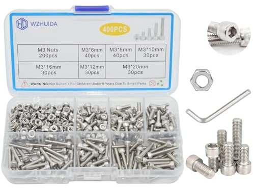 WZHUIDA 400 Pcs M3 Screw Assortment, Metric Hex Socket Head Cap Bolts, M3*6mm/8mm/10mm/12mm/16mm/20mm Screws and Nuts, Stainless Metric Bolts Nuts Washers Kit with 1 Hex Allen Wrench