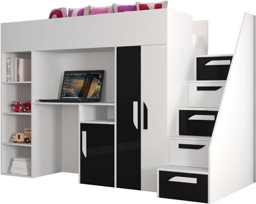 MEBLE KRYSPOL Party 14 Hochbett für Kinder, Jugendliche mit Stauraum - Etagenbett mit Schreibtisch, Kleiderschrank, Bücherregal und Trittleitern - 247x120x165 cm - Weiß, Schwarz, Weiß + Schwarz
