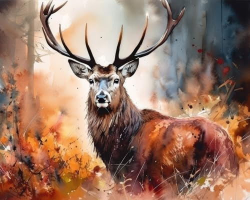 TISHIRON DIY Malen nach Zahlen Majestätischer Rothirsch für Erwachsene Herbst Malen nach Zahlen für Erwachsene Leinwand-Ölhandmalerei nach Zahlen Geschenk Kunsthandwerk für Zuhause 16x20 Zoll