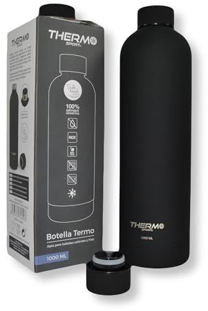 THERMOSPORT - Botella de Agua de Acero Inoxidable - Termo Reutilizable SIN BPA, con Doble Pared Aislante y ¨Soft Touch¨ Negro Mate, Ideal para Mantener Bebidas Calientes y Frías (Café, Té) (1 Litro)