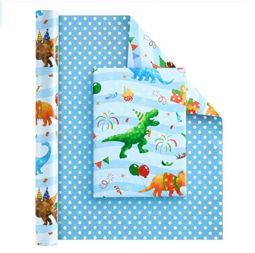 WERNNSAI 1 Rolle Dinosaurier Geschenkpapier 10m x 43cm Wendbar | Dinosaurier Geburtstagsparty Dekoration Happy Birthday Aquarell Dino Geschenkverpackung für Junge Kinder