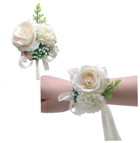 Wisafory 2 Stück Handgelenk Blume Corsage Boutonniere Set Hochzeit Ansteckblumen Braut Brautjungfer Blume Armband Knopflochblumen Brautschmuck Accessoires für Hochzeit Abschlussball Beige