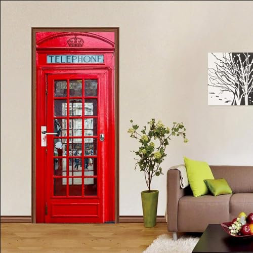 3D Türaufkleberrote Telefonzelle 77 X 200 Cm Türtapete Wandbild Selbstklebend Pvc Wasserdicht Abnehmbar Türfolie Türposter Fototapete Wohnzimmer Schlafzimmer Küche Bad Büro Dekoration - Türfoto -8T5S