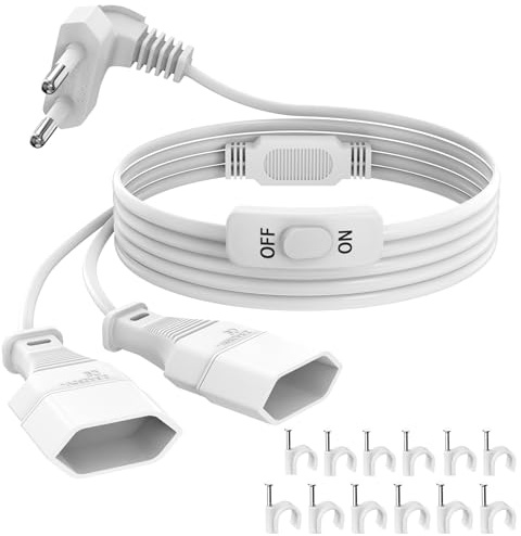Cavo di prolunga piatto con interruttore da 2 m, spina europea a 90 gradi, cavo di alimentazione a doppia spina europea, spina piatta europea, per computer, TV, PC, telefono, bianco