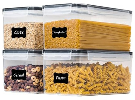 4PCS Airtight Pasta Containers with Lids, Labels & Measure Cup, Plastic Kitchen Food Storage Spaghetti Organizer for House Kitchen Pantry,BPA Free