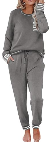 Ekouaer Schlafanzug Damen Lang Pyjama Set Rundhals Schlafanzüge Weich Nachtwäsche Zweiteiliger Sleepwear Hausanzug Loungewear,Mittelgrau,XL