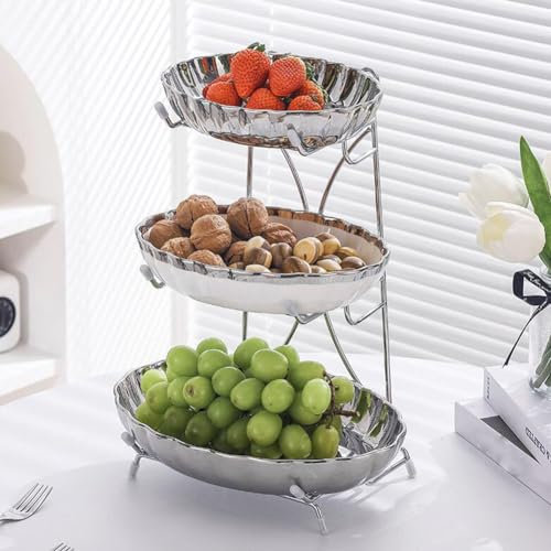 Frutero Estantes Frutero 3 Niveles En Cerámica, Un Estantes con Soporte De Metal Cesta Cesta De Frutas para Fruta Plata, A