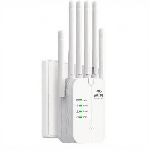 Repetidor Señal WiFi Extender,Amplificador Señal WiFi,6 Antenas,2 Puertos LAN,Repetidor WiFi Largo Alcance,Cobertura 360° de hasta 9800 m³,para Oficinas y Casa,fácil de Instalar