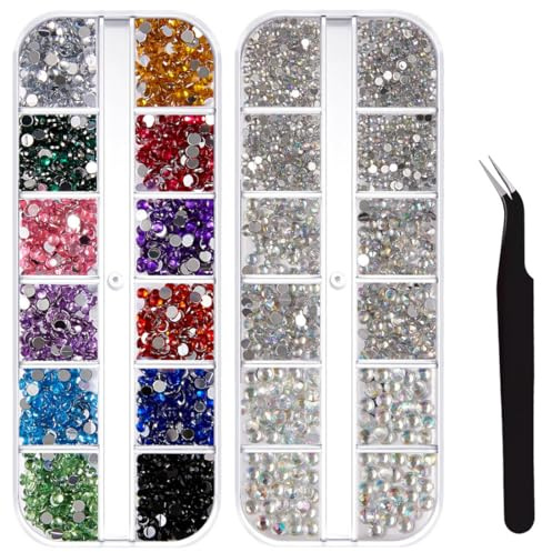 JEYORZY 2 boîtes de décoration pour ongles, strass pour ongles, cristaux pour ongles, pierres à dos plat, décorations pour ongles, avec 1 pince, accessoires ongles, autocollants pour ongles