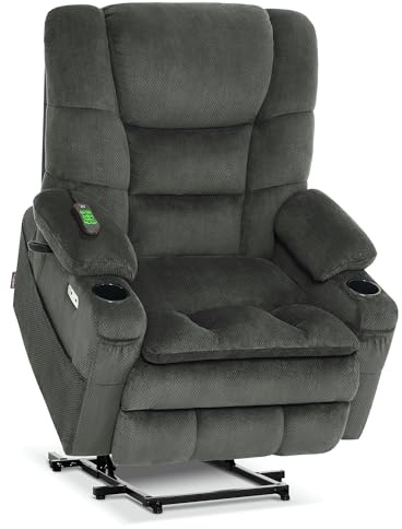 MCombo Oversized Triple Motor Power Lift Recliner Chair with Massage and Dual Heating, Adjustable Headrest for Big and Tall Elderly People, Fabric R7635 (Grey, Large-Oversize)