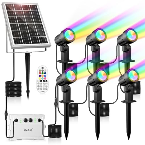 MEIHUA Solar RGB Garden Spotlights 6 in 1 Colour Changing LED Landscape Lights IP66 Waterproof Outdoor Lighting with Remote Control for Garden, Lawn, Patio, Lawn
