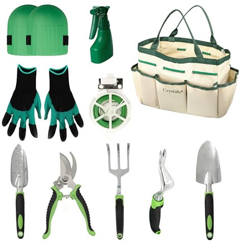 Crystals 11-Piece Heavy Duty Gardening Tools Set with Stylish Tote Bag, Rust-Proof Stainless Steel Garden Hand Tools, Gardening Gloves, Knee Pads – Garden Tool Set & Gifts for Women and Men