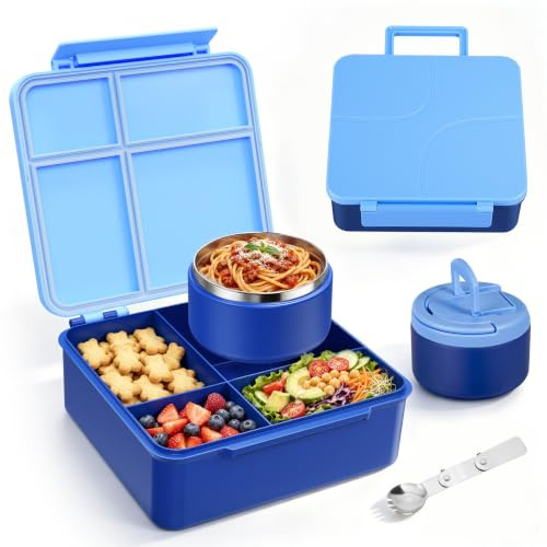 MAXSO Bento Lunch Box Set for Kids with 8 oz Soup Thermo, Leakproof Hot Food Container with 4 Compartments, Insulated Food Jar for Toddler Daycare Boys Girls School - Blue