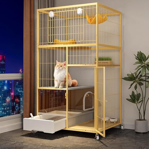 Outdoor Katzenhaus Winterfest Gross mit Leicht zu Reinigender, Katzenkäfig Wohnung mit Rädern, Leicht zu Bewegen 2/3/4-stöckige Katzengehege for Den Innenbereich(Yellow,76 * 56 * 148cm)