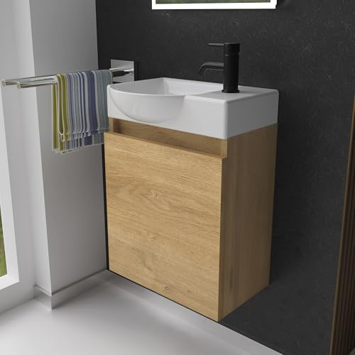 Alpenberger Waschbecken mit Unterschrank Gäste WC 45 cm hängend Eiche Natur | Kleiner Waschtisch mit Unterschrank: Keramik & MDF, wandhängend, Softclose Tür, mit Überlauf, für kleine Bäder, Links Becken