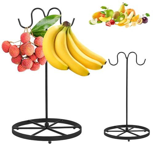 Ghshanog Banana Holder Stand,Metal Banana Tree Stand,Rust-Proof Banana Hanger Hook Multifunctional Vegetable Rack,Hanging Fruit Racks with Hook & Wider Base for Kitchen Countertop (Double Hook)