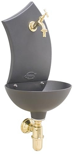 Gartenbrunnen Bongiovanni | Wandbrunnen | Modell Pinta | Anthrazit Gusseisen | mit Wasserhahn und Siphon aus Messing | für Haus Garten | Außenbrunnen (Messing poliert)