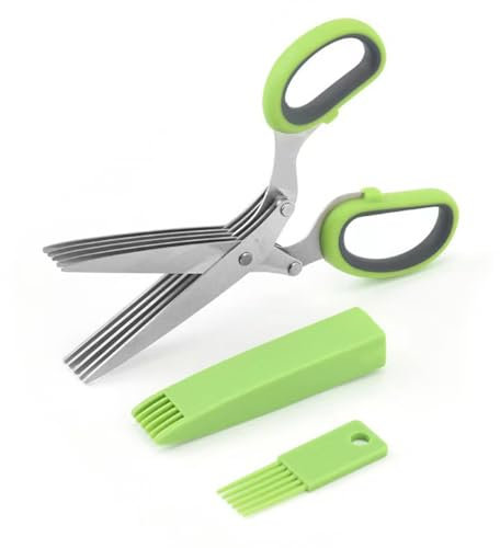 XYTAHDM Tijera de Hierbas con 5 Hojas, con tapa de Seguridad y Peine Limpieza,Multifuncionales Tijeras De Cocina de Acero Inoxidable,para Cebollino, Perejil, Cilantro, Romero