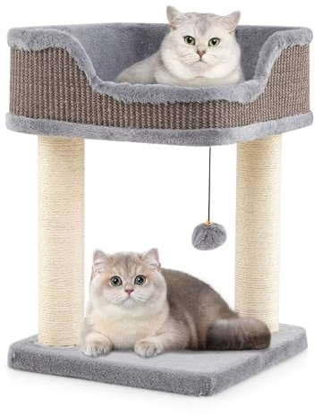 COSTWAY Kratzbaum Klein, Katzenbaum mit großem Plüschsitz, Ball & Sisal-Kratzsäulen, Katzenkratzbaum Holz, Katzen Katzenmöbel Kletterbaum, Aktivitätsbaum Spielbaum Katzenturm, 38x38x51 cm (Grau)