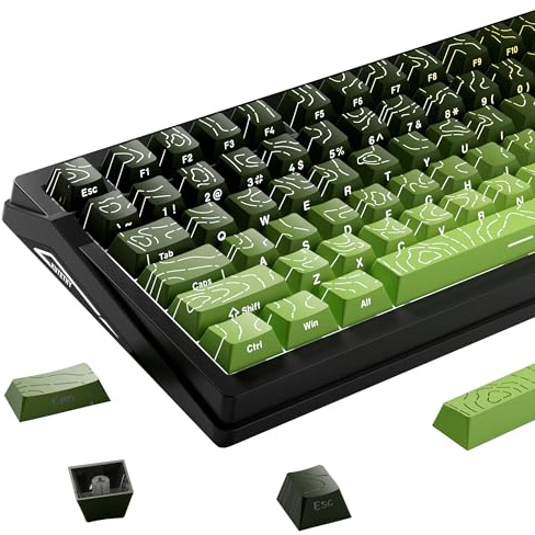 Mciepny 135 Key Gradient Tea Green Topographic PBT Keycaps Set Side Print Doubleshot Shine Through Keycap Cherry Profile Minimalist Style 60% 75% 80% 100% for MX Gateron Gaming Keyboards