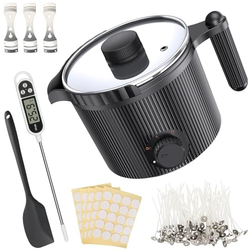 Wachsschmelztopf, kerzen selber machen set für erwachsene Anfänger, für die Kerzenherstellung, Set inkl Wachsschmelzer, Rührlöffel, Thermometer, Docht, Dochtaufkleber und Zentriervorrichtung - Black