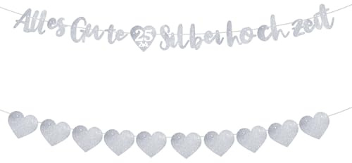 Silberhochzeit Deko, 2-Teilige Buchstaben- Und Herzen-Girlande Für Silberhochzeit, Silberhhochzeit Girlande Deko Glitzer Alles Gute Zur Silberhochzeit Banner Papier Hänge Dekoration Für Silberhochzeit