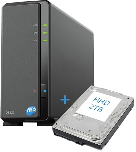 SIMPLETEK - Stockage réseau NAS 1 baie avec disque dur SATA 2 To 3,5 pouces, Ethernet gigabit, 1 Go de RAM, USB 3.2, - Noir