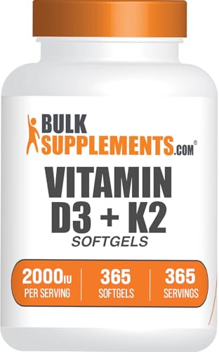 BulkSupplements.com Vitamin D3 + Vitamin K2 Softgels - D3, K2, Vitamin Supplement - Gluten Free, 1 Softgel per Serving (2000IU), 365 Count (Pack of 1)
