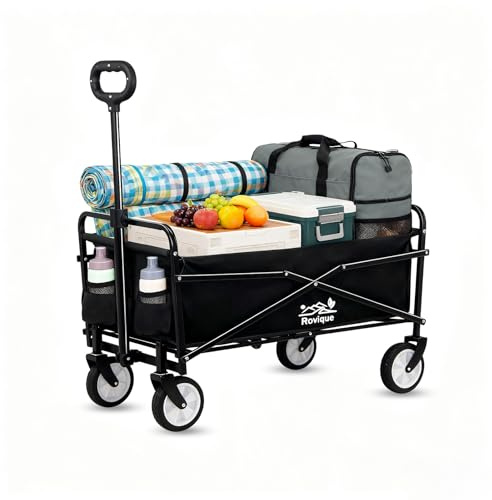 Bollerwagen faltbar 80kg belastbar,Mini Faltbarer Handwagen mit Getränkehalter Transportwagen Einkaufstrolley klappbar Strandwagen für Garten Camping Festival (Schwarz)