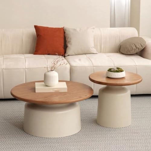 SOFACHEN Mesa Centro Redonda de Madera Maciza, Juego de 2 mesas auxiliares, se Pueden Usar Individualmente o combinadas, mesas centrales Modernas para Sala de Estar y balcón(Beige)