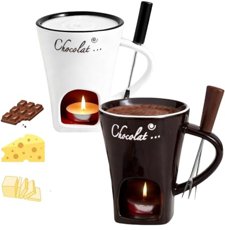 Chocolate Fondue Mug, Chocolate Melting Cup with Forks, Melting Butter Mug Pot Set, Personal Cheese Melting Cup, Warmer Mug for Candy Snack Caramel Party (2pcs-03)