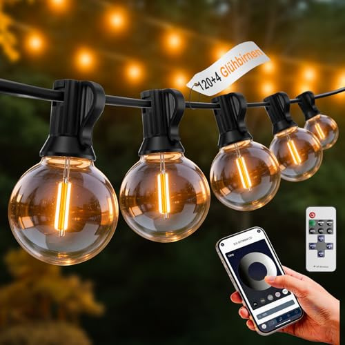 Brilvibera G40 Led Lichterkette außen strom，91.5M，Fernbedienung & App | 120+4 Lichterkette Outdoor IP44 Wetterfest Glühbirnen，2700K Dimmbare Lichterketten Aussen Innen für Garten Balkon Party