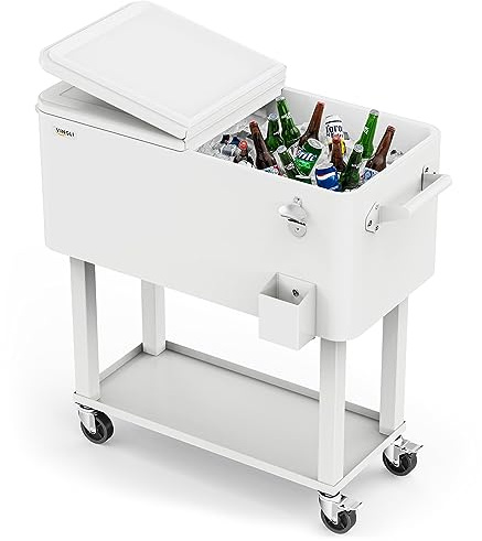 Bonnlo 76L Servierwagen mit Rollen, Getränkekühler – Mobiler Kühlwagen mit Ablage, Flaschenöffner, Ablauf & feststellbaren Rollen, Kühlbox für Terrasse, Garten & Poolpartys, 78,5 x 40 x 79 cm, Weiß