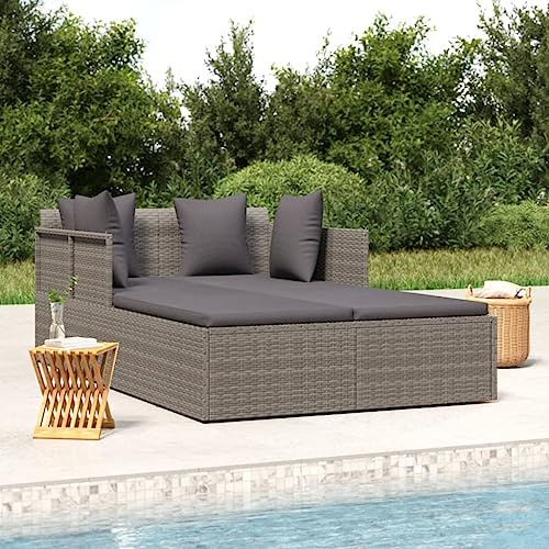 FMPGJLYH Double Outdoor Sunbed, Grey PE Rattan Lounge Bed with Adjustable Backrest, All-Weather Patio Poolside Daybed for Garden, 2-Person Capacity