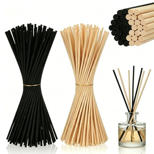 qjuwhua 100 Stück Duftstäbchen Nachfüllpack 25cm x 3mm Raumduft Stäbchen | Rattanstäbchen Fiber Aroma Diffuser Stäbchen für Ätherische Öle im Home Office Hotel Spa Yogastudios (50xNatur, 50xSchwarz)