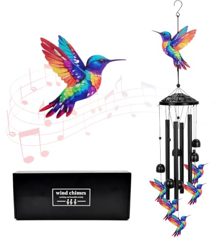 Cyiecweu Windspiele für Draußen Hängend, 35 inch Kolibri Windspiel Garten mit 6 Glöckchen, Windspiel Metall Kolibri für Draußen, Klangspiel, Heimdekoration, Geschenke, Aluminium, Schwarz, 90cm