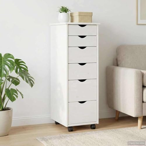 Ziaphsol Vitt rullskåp med hjul 34 x 39 x 93,5 cm av massiv furu, mångsidigt förvaringsutrymme för kontor, sovrum, vardagsrum, hall eller kök med sex lådor och robust design